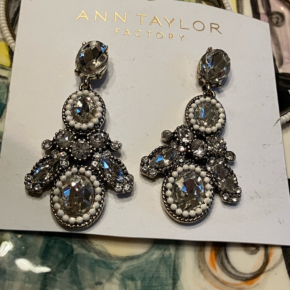Ann Taylor Silver and White Crystal Drop Earrings and Three Matching Bangles - Picture 10 of 10